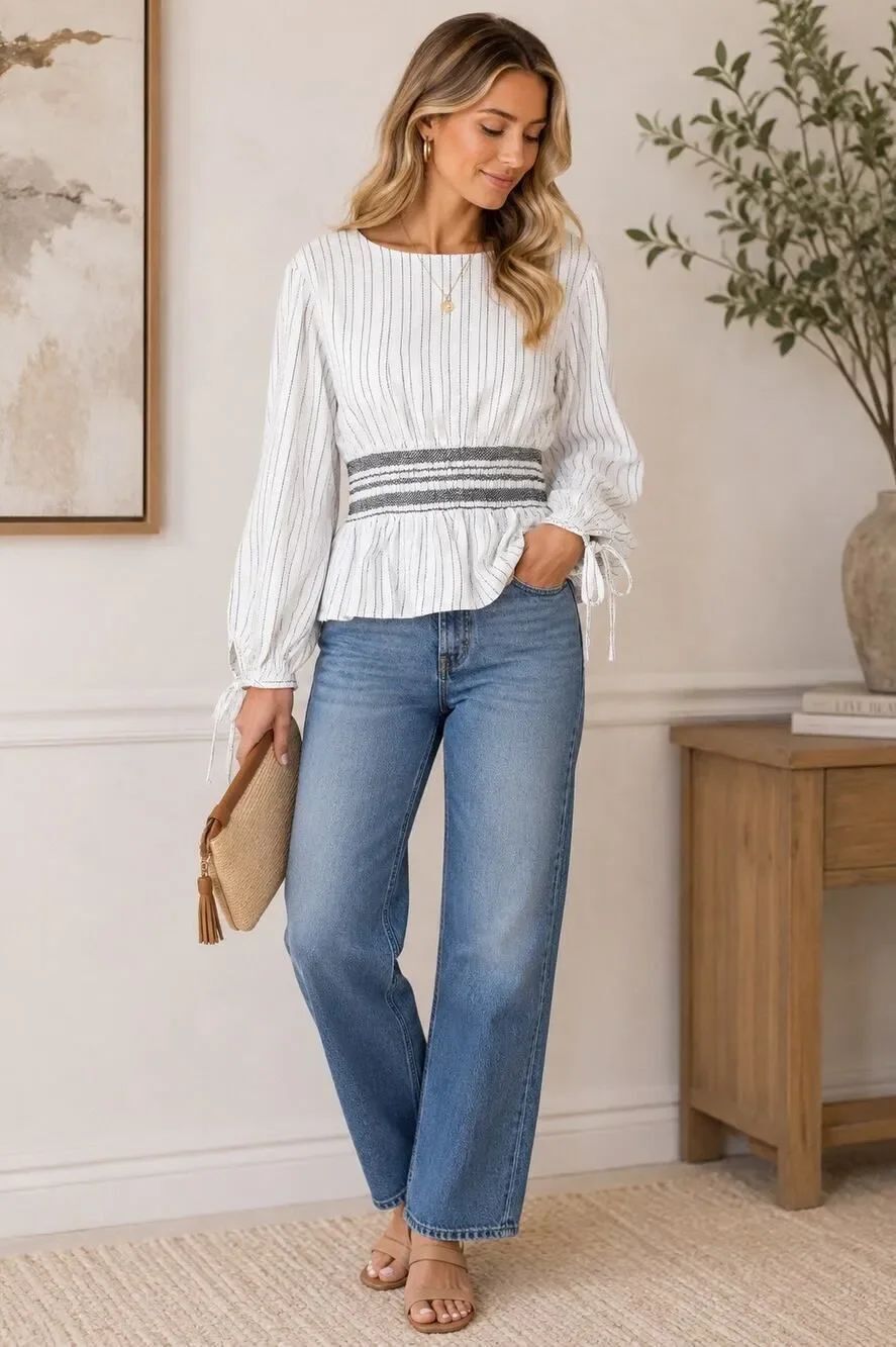 J.O.A. White Black Pinstripe Peplum Blouse Large Smocked Waist Tie Sleeve Top
